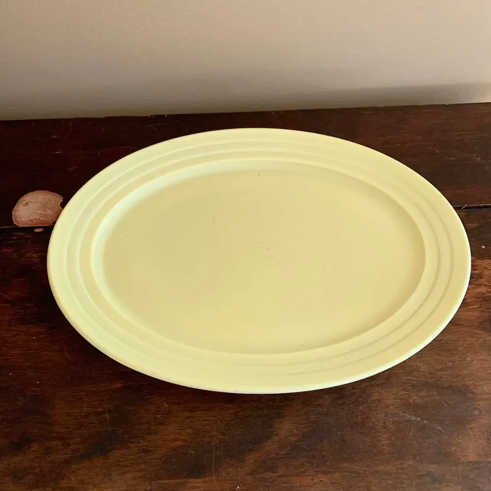 Vintage Butter Yellow Ceramic Oval Platter Concentric Rings Art Deco Style 12 in